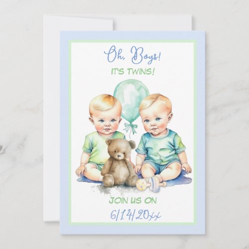 Pale Blue and Green Twin Boys Baby Shower Invitation