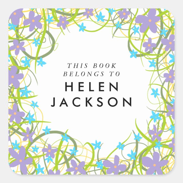 Pale blue and lilac floral book name sticker (Front)