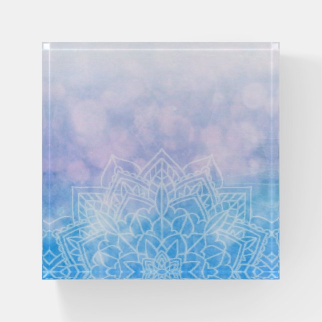 Pale Blue and Purple Lavender Mandela Abstract Paperweight (Front)