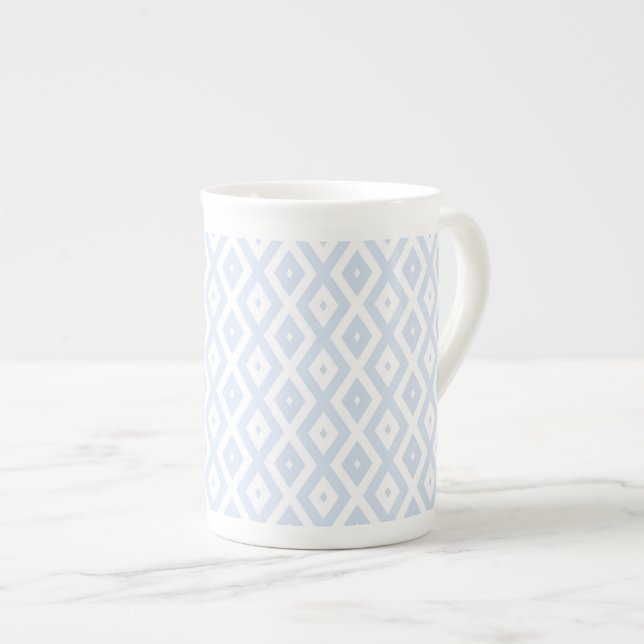 Pale blue and white diamond pattern bone china mug (Front Right)