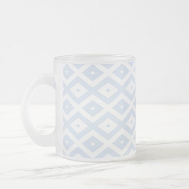 Pale blue and white diamond pattern frosted glass coffee mug (Left)