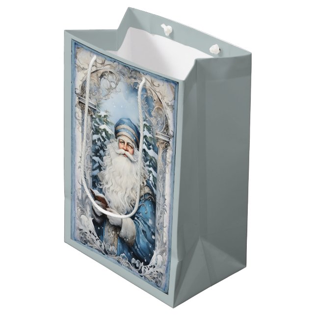 Pale Blue and White Father Christmas Medium Gift Bag (Front Angled)