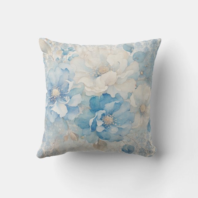 Pale Blue and White Floral Throw Pillow (Back)