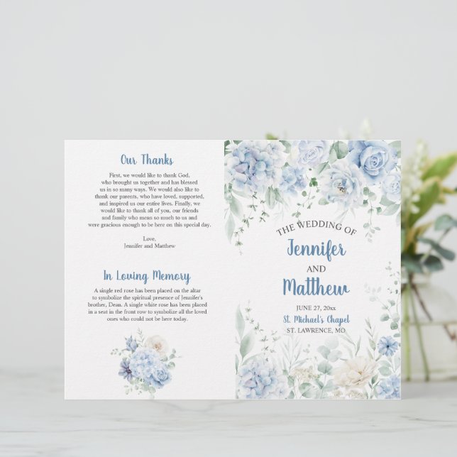 Pale Blue and White Floral Wedding Program (Standing Front)
