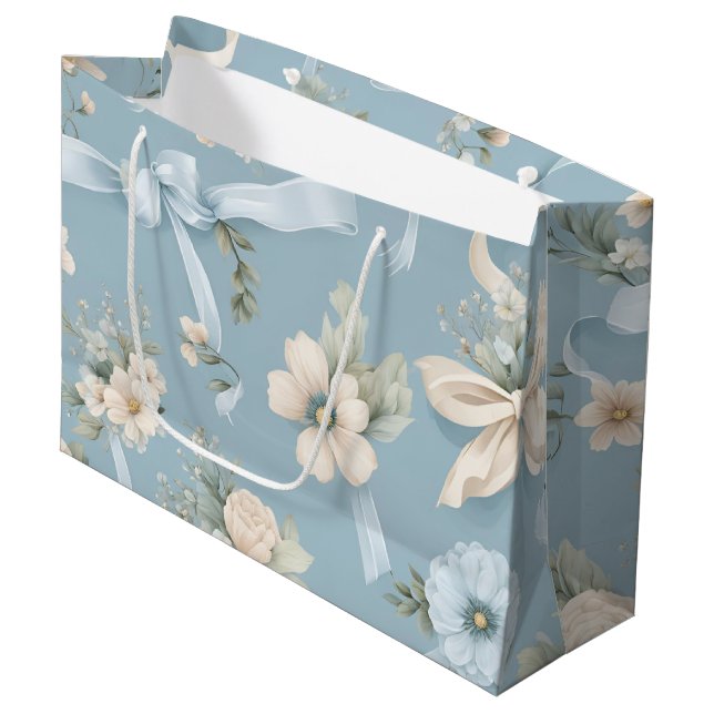 Pale Blue and White Fowers and Bows Large Gift Bag (Front Angled)