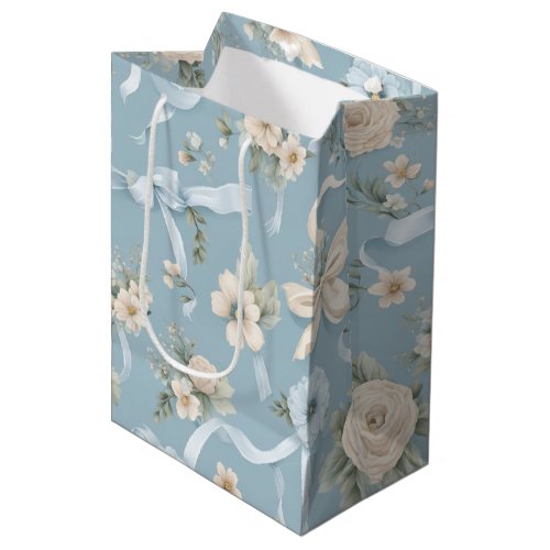 Pale Blue and white Fowers and Bows Medium Gift Bag