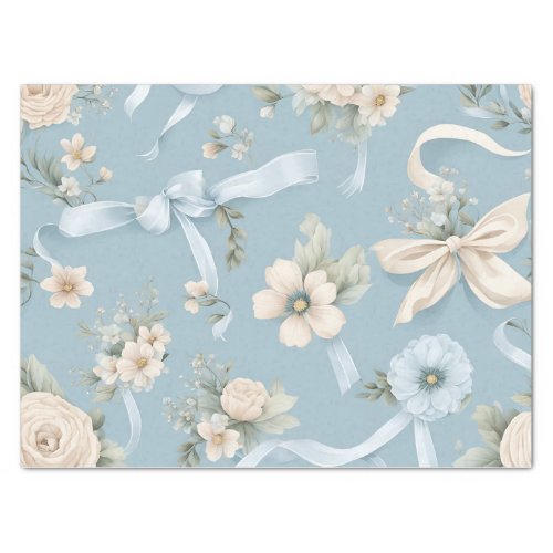 Pale Blue and white Fowers and Bows Tissue Paper