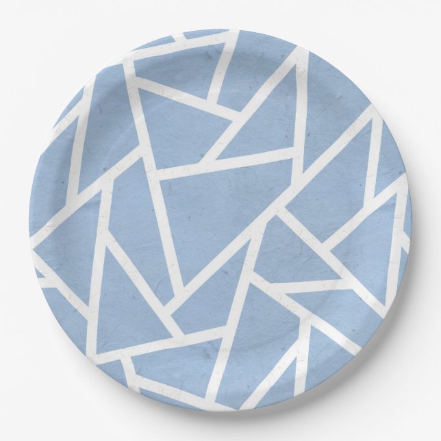Pale blue and white mosaic pattern paper plates (Front)