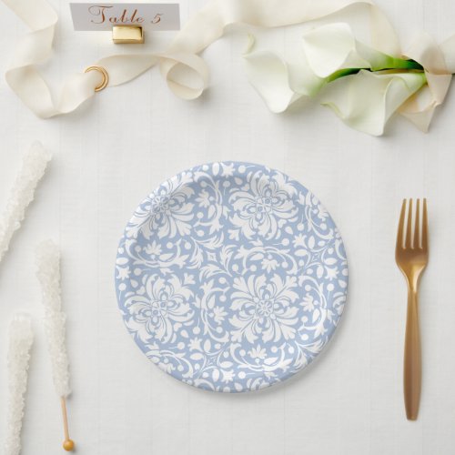 Pale Blue and White Ornate Damask Tile Paper Plates