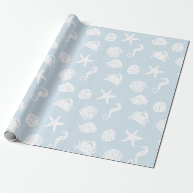 Pale Blue and White Sea Creatures Wrapping Paper (Unrolled)