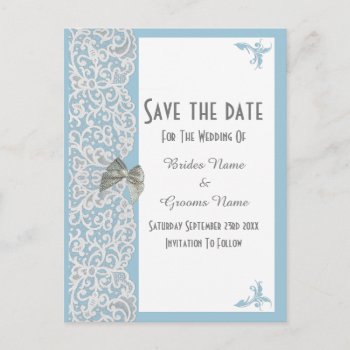 Pale Blue And White Traditional Lace Save The Date Announcement Postcard by personalized_wedding at Zazzle