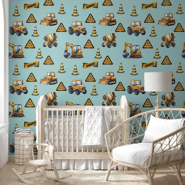 Pale blue and yellow construction vehicles wallpaper  (Kids)