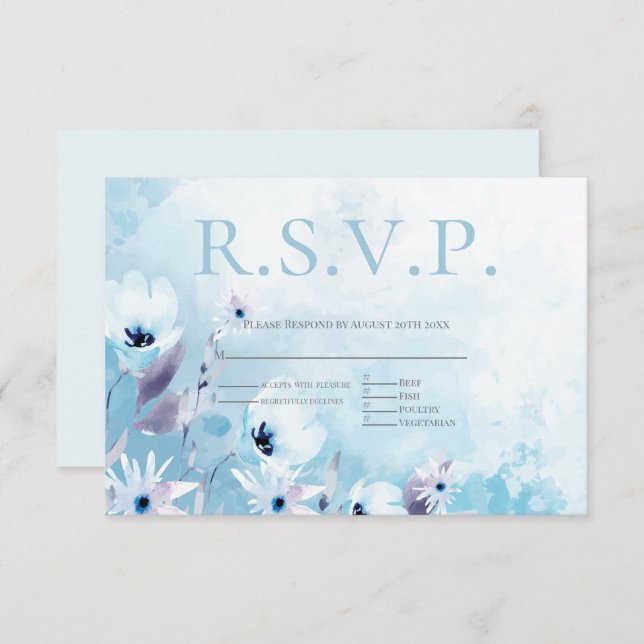 Pale Blue Anemone Flowers Menu Choice RSVP (Front/Back)