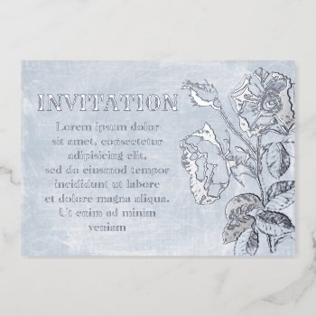Pale Blue Antique Rose Silver Foil Invitation Card by opheliasart at Zazzle