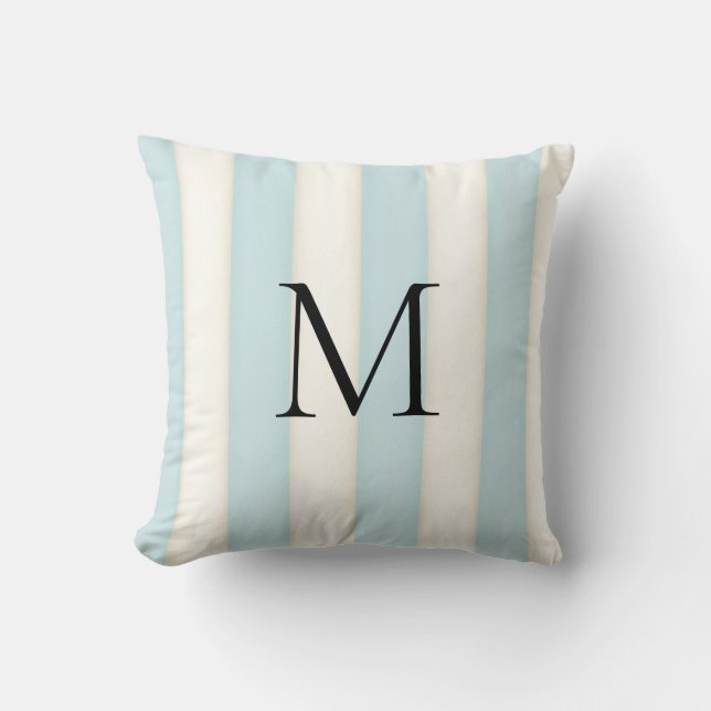 Pale Blue & Antique White Stripes Monogrammed Throw Pillow (Front)