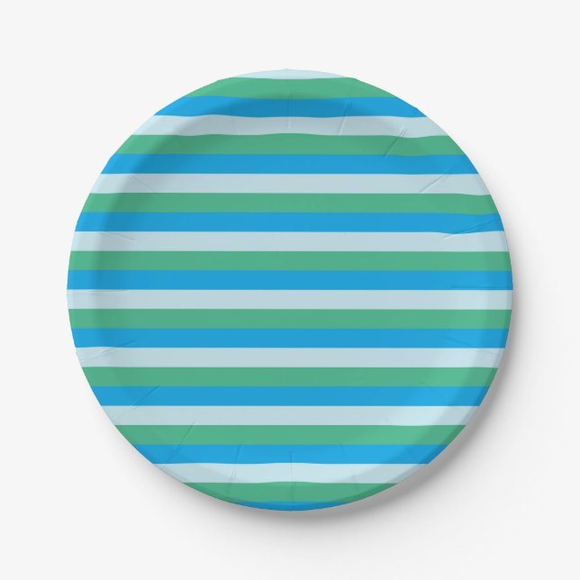 Pale Blue, Aqua Green and Turquoise Stripes Paper Plates (Front)