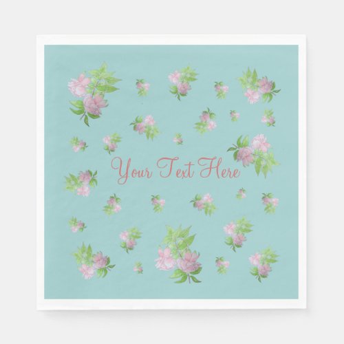 pale blue background with pretty pink flowers paper napkins