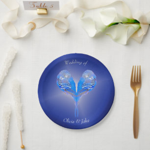 Pale blue birds on night blue paper plates