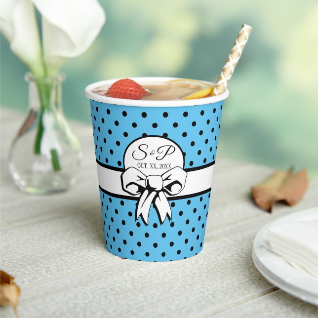 Pale Blue Black Polka Dot White Bow Personalized Paper Cups (Insitu)