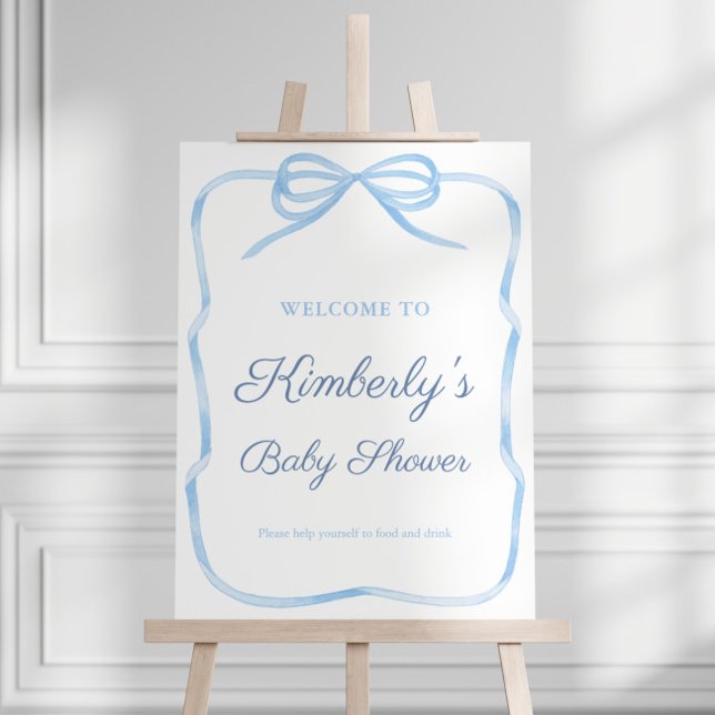 Pale Blue Bow Baby Shower Party Welcome Sign (Elegant watercolor pale blue ribbon frame with bow baby shower for boy welcome sign)