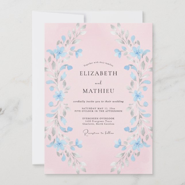 Pale Blue Brushstroke Flourish Wedding Invitation (Front)