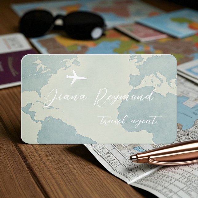 Pale Blue Business Card  with World Map and Plane (Creator Uploaded)