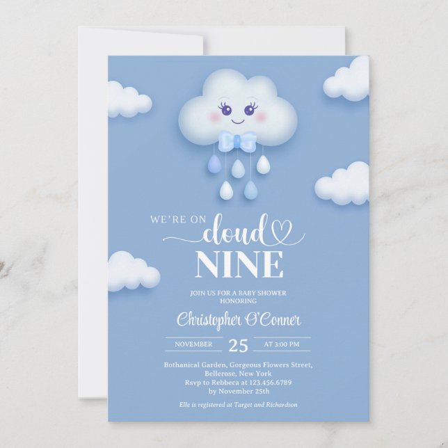 Pale blue cloud nine boy baby shower invitation (Front)