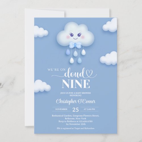 Pale blue cloud nine boy baby shower invitation