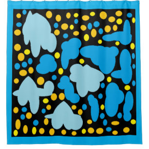 Pale blue cloud shapes yellow dots and black shower curtain