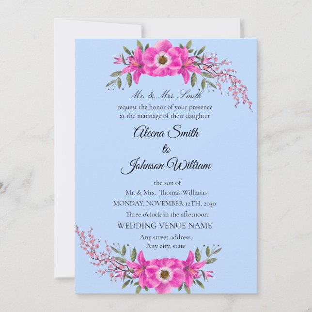Pale Blue Colour with Elegant Pink flower  Invitation (Front)