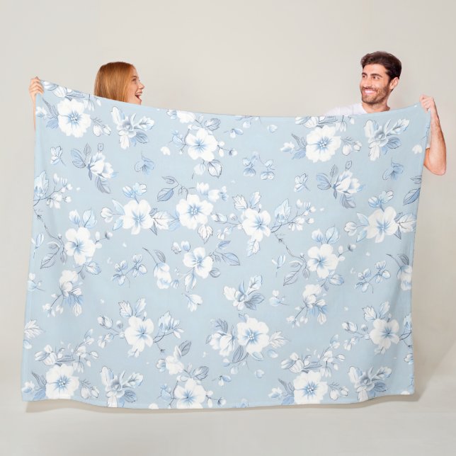 Pale Blue Country style floral pattern Fleece Blanket (In Situ)
