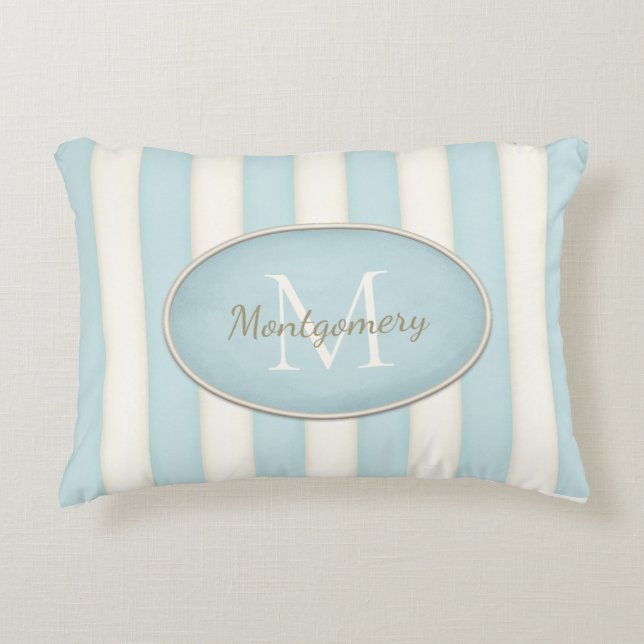 Pale Blue & Cream Stripes Oval Framed Monogram Accent Pillow (Front)