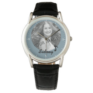 Pale Blue Custom Name Photo Musical Notes Cute Watch