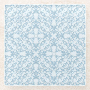Pale Blue Damask Glass Coaster