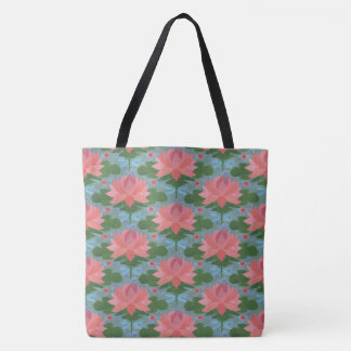 Pale Blue Dragonflies, Pink Water Lilies, on Blue Tote Bag