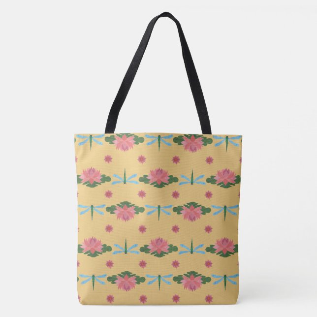 Pale Blue Dragonflies, Pink Water Lilies on Yellow Tote Bag (Front)