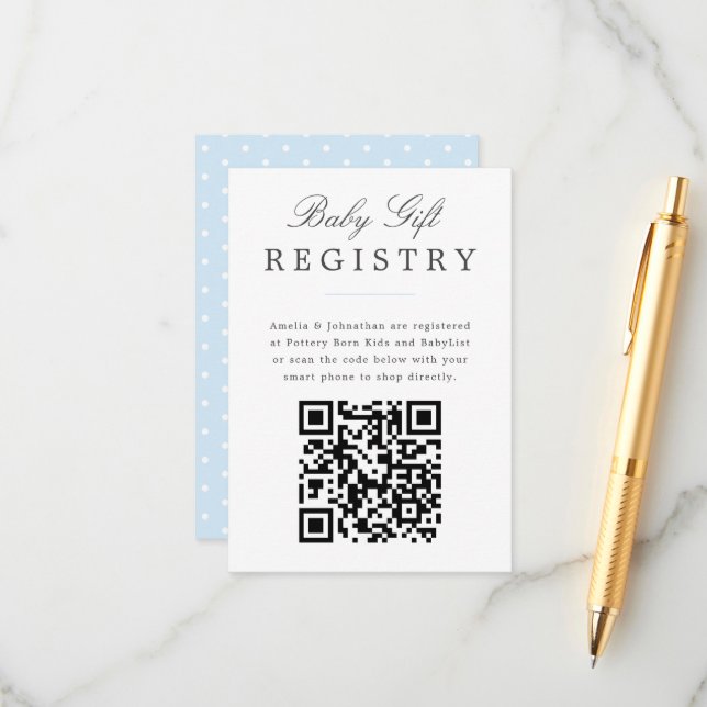 Pale Blue Elegant Baby Gift Registry with QR code Enclosure Card (Front/Back In Situ)