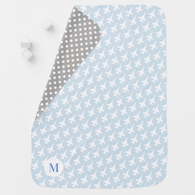 Pale Blue F-16 Patterned Custom Monogram Baby Blanket (In Situ)