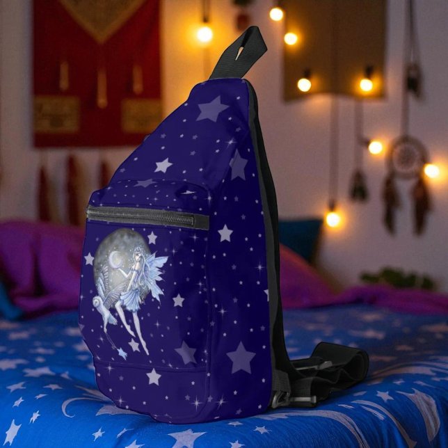 Pale Blue Fairy and Owl Starry Fantasy Art Sling Bag (Creator Uploaded)