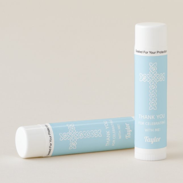 Pale Blue First Communion Thank You Favors Lip Balm (Front)