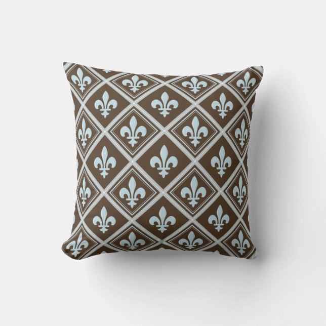 pale blue,fleur de lis,royal,tartan,brown,pattern, throw pillow (Front)