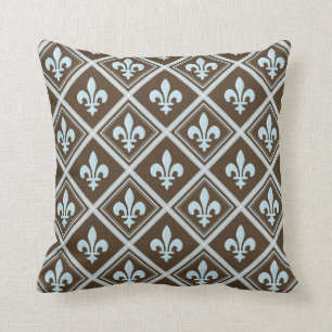 pale blue,fleur de lis,royal,tartan,brown,pattern, throw pillow