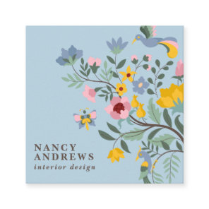 Pale blue floral bouquet whimsical illustration square business card
