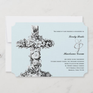 Pale Blue Floral Cross Christia Wedding Invitation