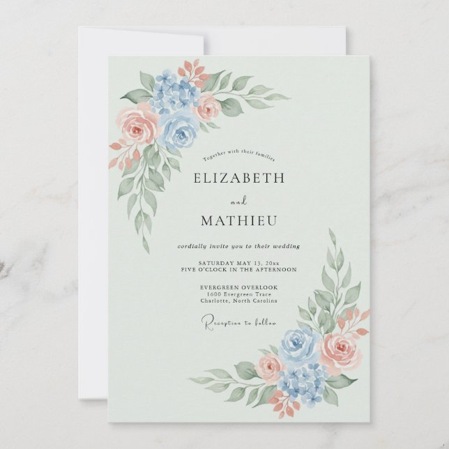 Pale Blue Floral Romantic Wedding Invitation (Front)