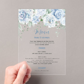 Pale Blue Floral Wedding Menu Acrylic Invitations