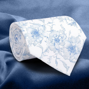 Pale blue flowers toile de jouy neck tie