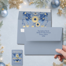 Pale Blue Folk Art Two Dove Christmas Card Match