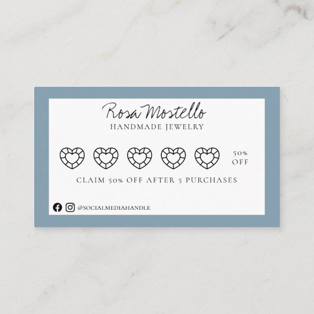 Pale Blue Gem Script Logo Handmade Jewelry Loyalty Business Card (Back)