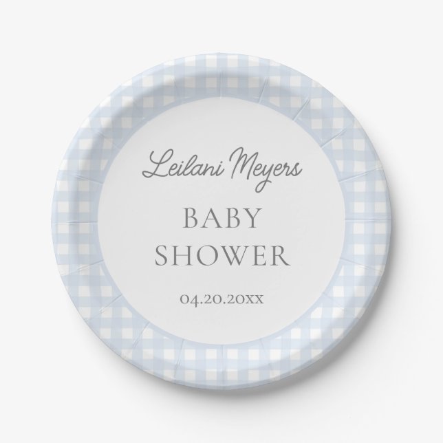 Pale Blue Gingham Classic Boys Baby Shower Paper Plates (Front)